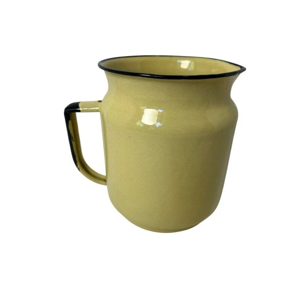 Vtg Enamelware Pitcher Yellow Black Trim Farmhouse Cottagecore Rustic